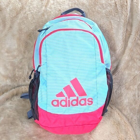 ADIDAS BTS CREATOR TURQUOISE AND WHITE STRIPED WITH PINK TRIM YOUTH BACKPACK - Picture 2 of 13